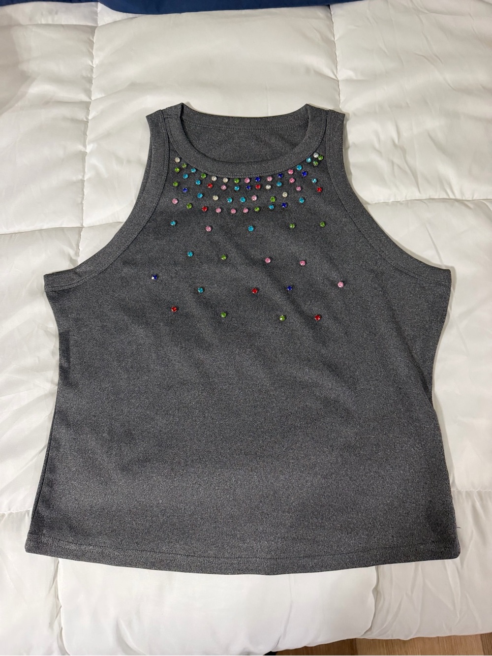 Gray Sleeveless Tank Top with Multicolor Studs
